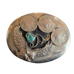 Turquoise Eagle Belt Buckle Buffalo Indian Head Nickel Vintage Western Wear